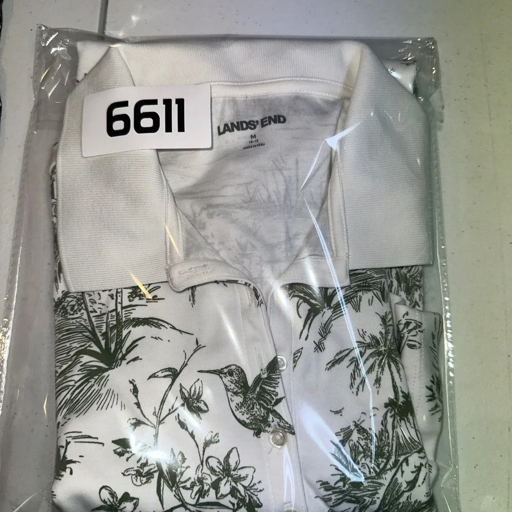 Lands End Womens Green White Tropical Toile Polo Shirt M 10-12 Palm Bird Cotton